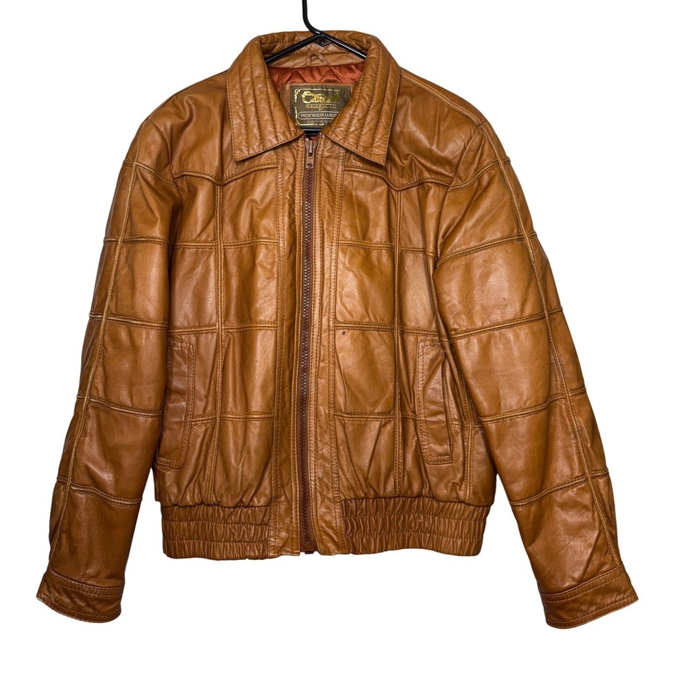 Vtg Pioneer Wear Golden Collection PatchworkLeather Jacket Grid Quilted Bomber42